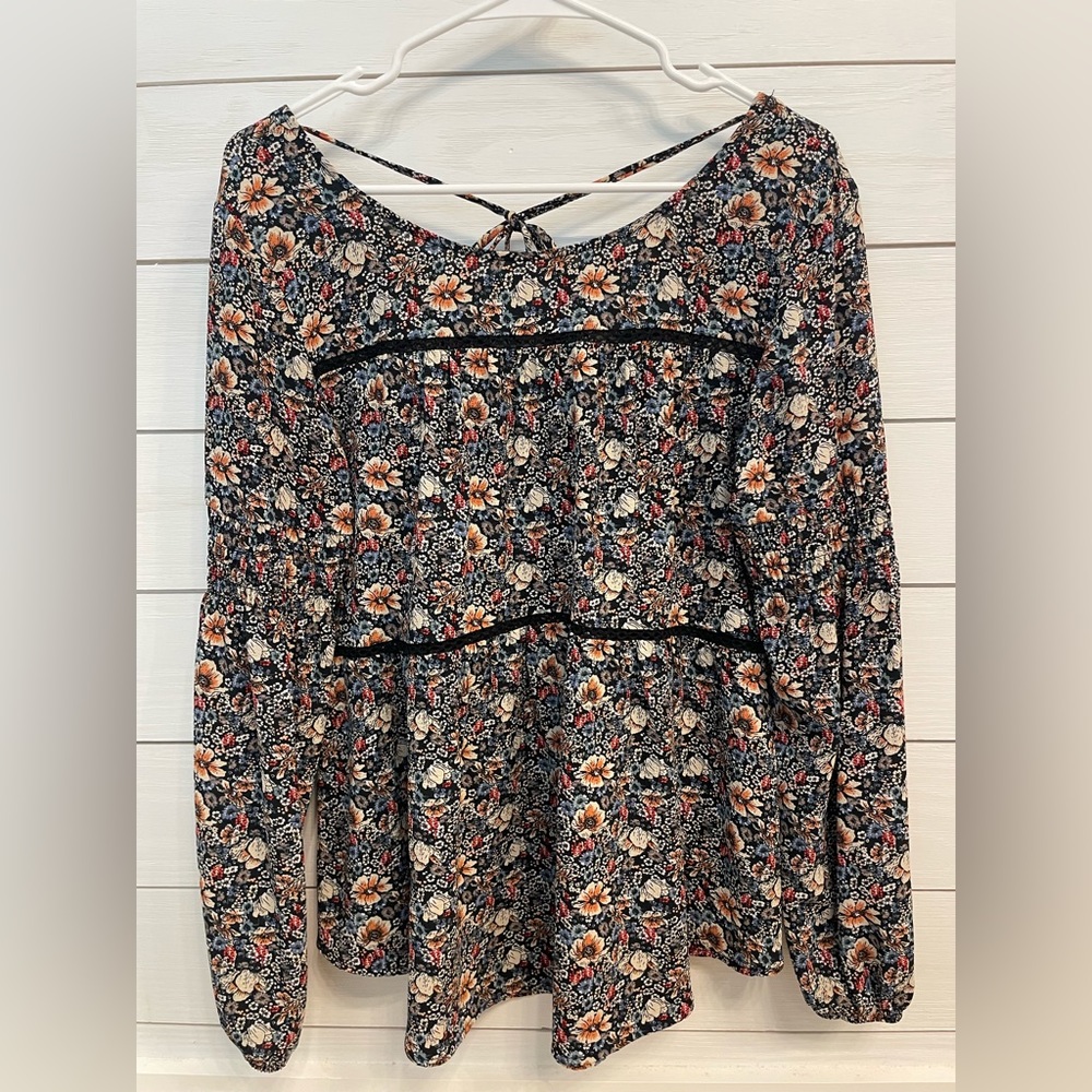 Knox Rose Black Floral Boho Peasant Blouse Top w/ Ties and Tassels Size Medium